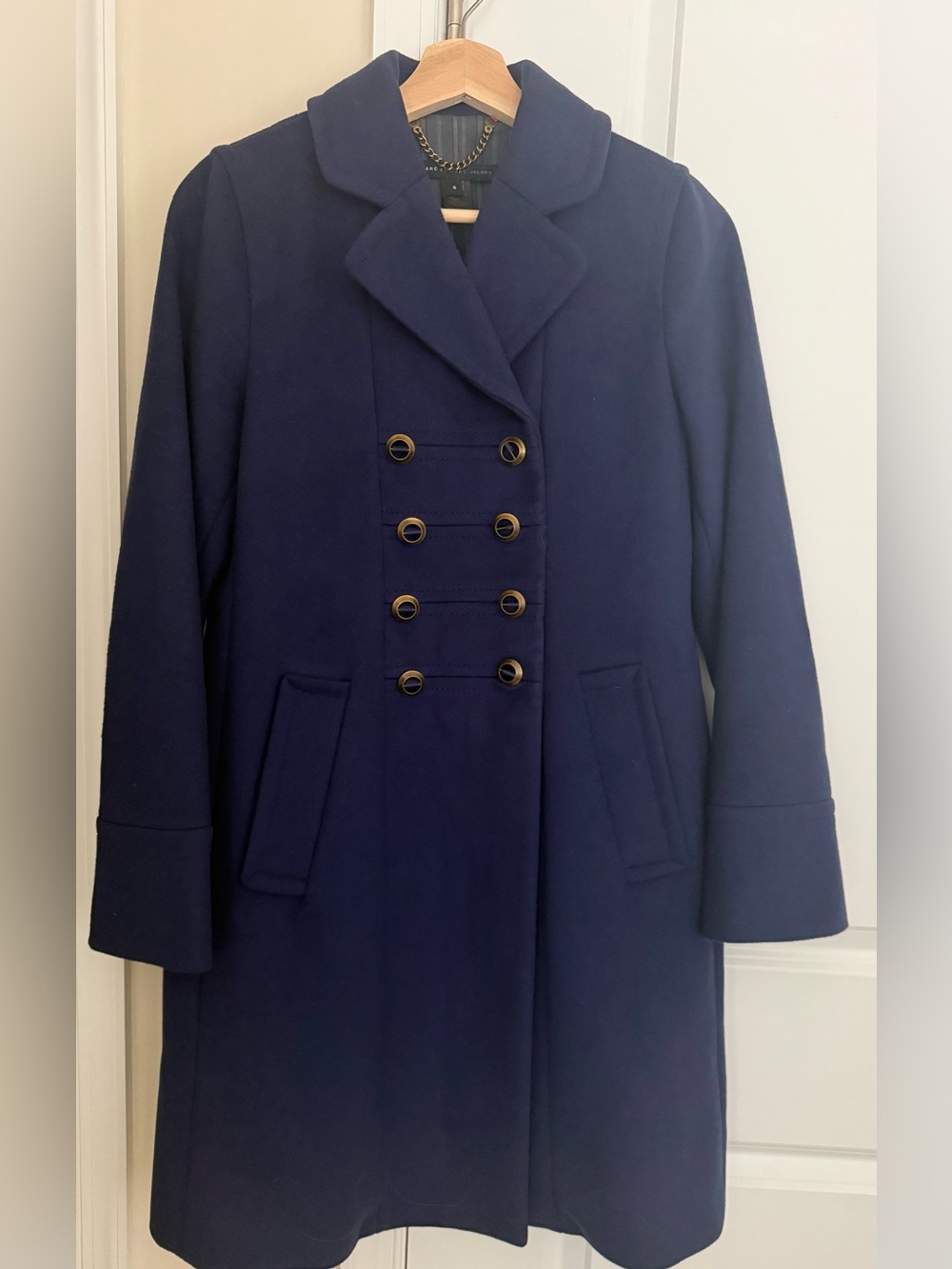 Marc By Marc Jacobs Navy Double-Breasted Pea Coat with Gold Buttons S Womens